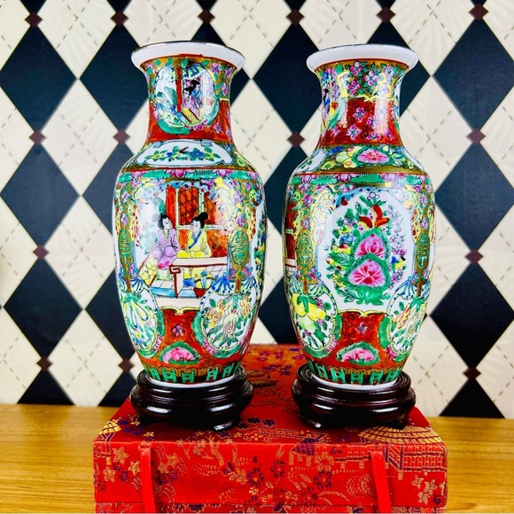Rose Medallion Vase Pair Porcelain Hand-Painted w/ Stands & Red Presentation Box - Picture 6 of 14